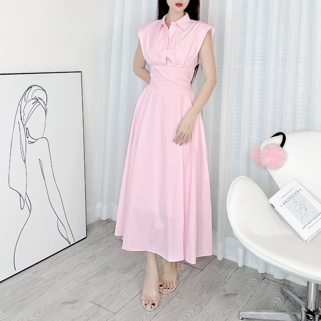 Đầm Sơ Mi Trơn Nữ Xếp Ly Eo Dáng Dài 3 Màu Pastel Nữ Tính MIMIX DX8215