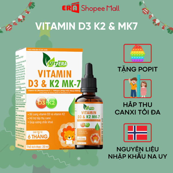 Vitamin D3 & K2 MK-7 VITERA 20ml hỗ trợ hấp thu canxi tối đa cho bé từ 6 tháng
