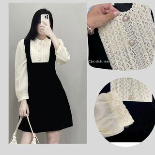 Váy tiểu thư sang chảnh. Váy nhung ren đính cúc ngọc 122