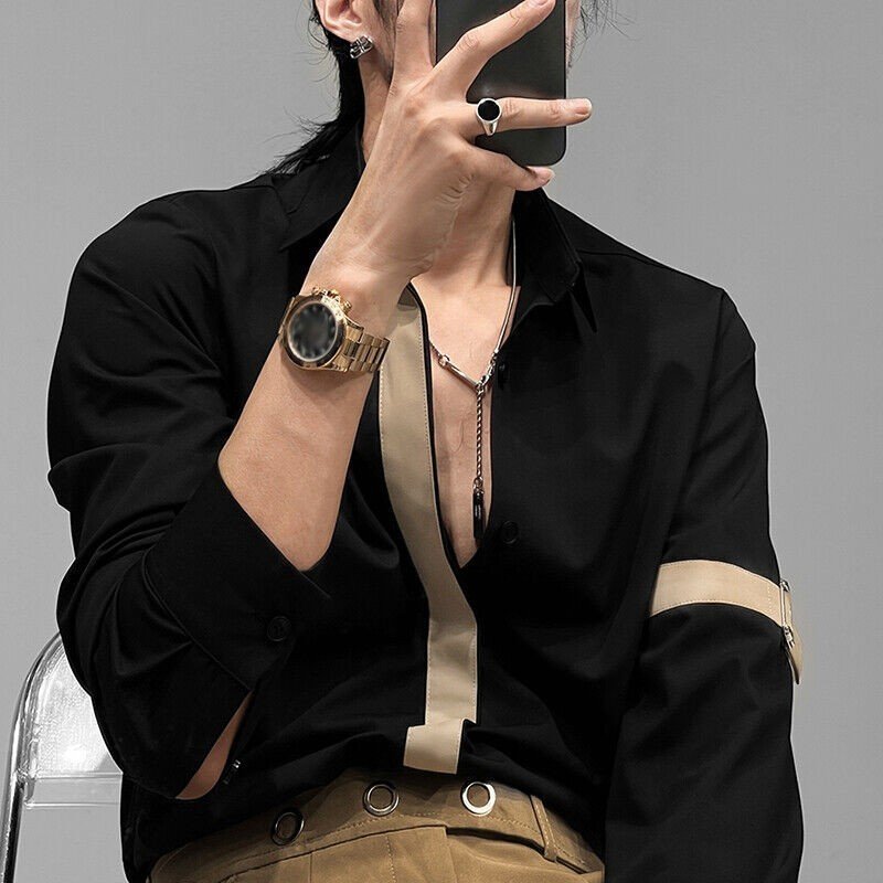 Áo Sơ Mi Nam Dài Tay GUSSET, Sơ Mi Nam Trắng Form Rộng Phối Nẹp Tay Lụa Hàn Phong Cách Trẻ Trung Cá Tính