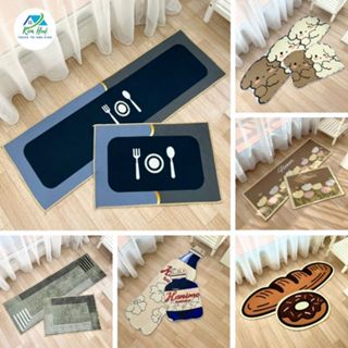 Bộ 2 tấm thảm trải bếp lau chùi chân 3D nỉ lì bali in hình gấu dâu hồng Lotso cây hoa lá