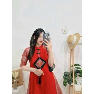ĐẦM TẾT COTTON PHỐI GẤM THƯỢNG HẢI DÁNG SUÔNG - Hình Shop Chụp Thật