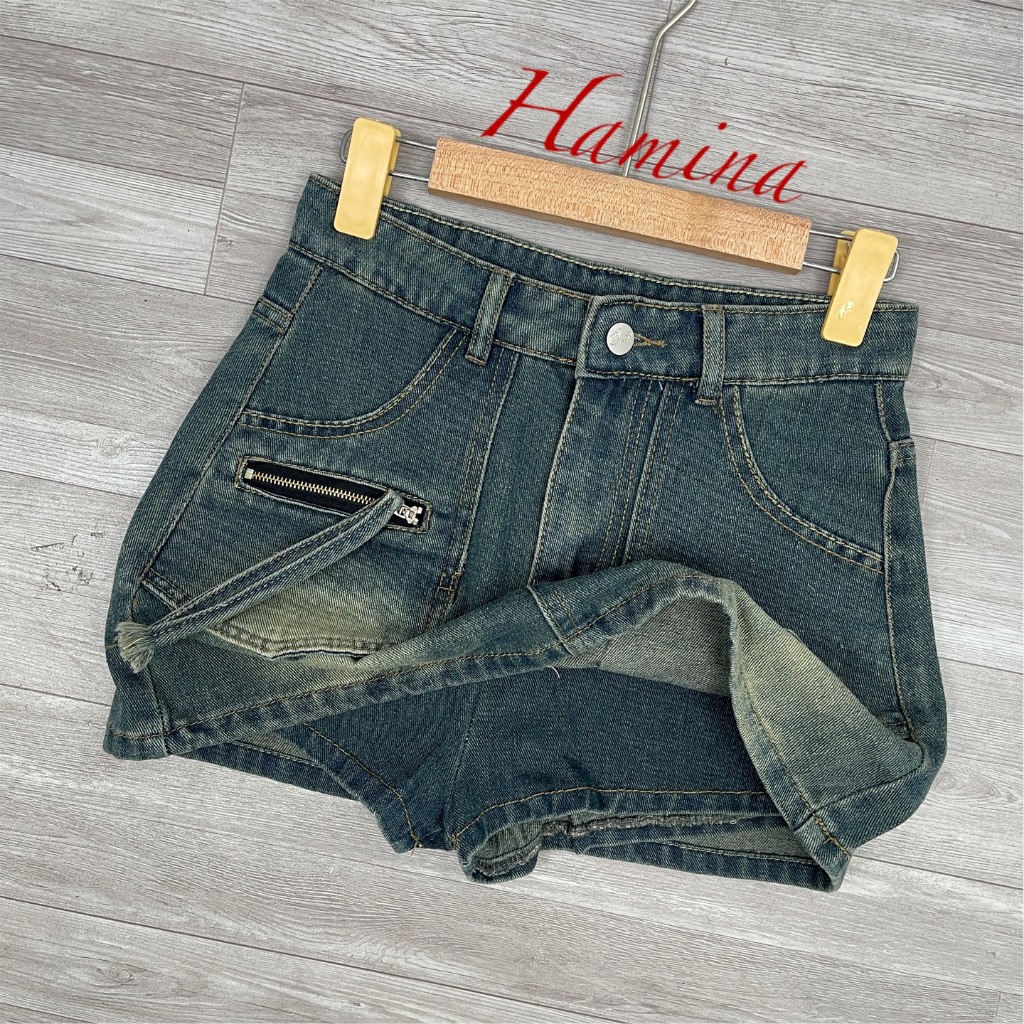 Chân Váy Jeans Dáng Ngắn Hamina, Váy Jean Túi Nhọn Khoá Nơ