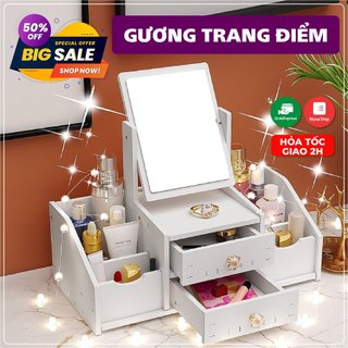 Kệ mỹ phẩm mèo 2 ngăn kéo trang điểm kèm gương tai mèo xinh xắn