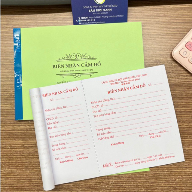 Biên nhận CẦM ĐỒ khổ A5 loại 1 liên, 2 liên 100 tờ/quyển