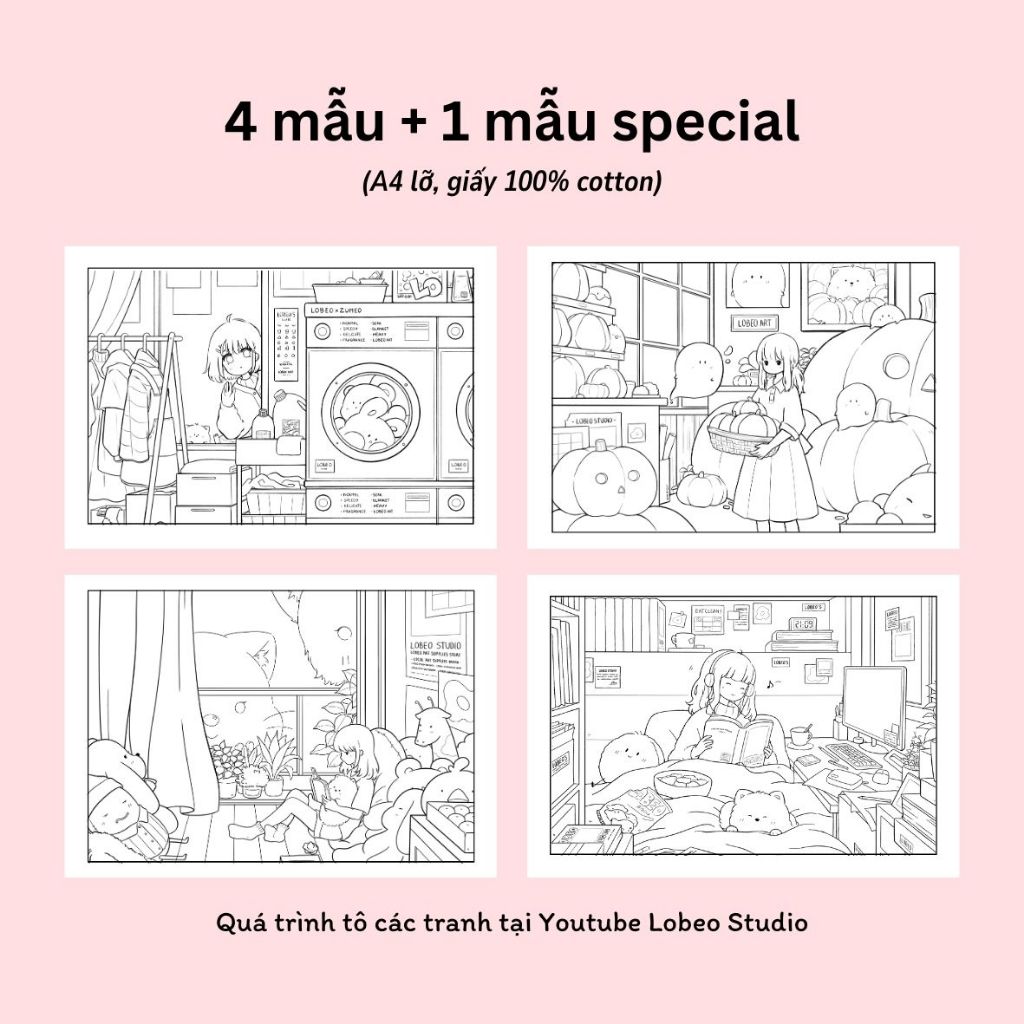 Bộ 4 tranh tô màu nước Lobeo Collection A4 100% cotton