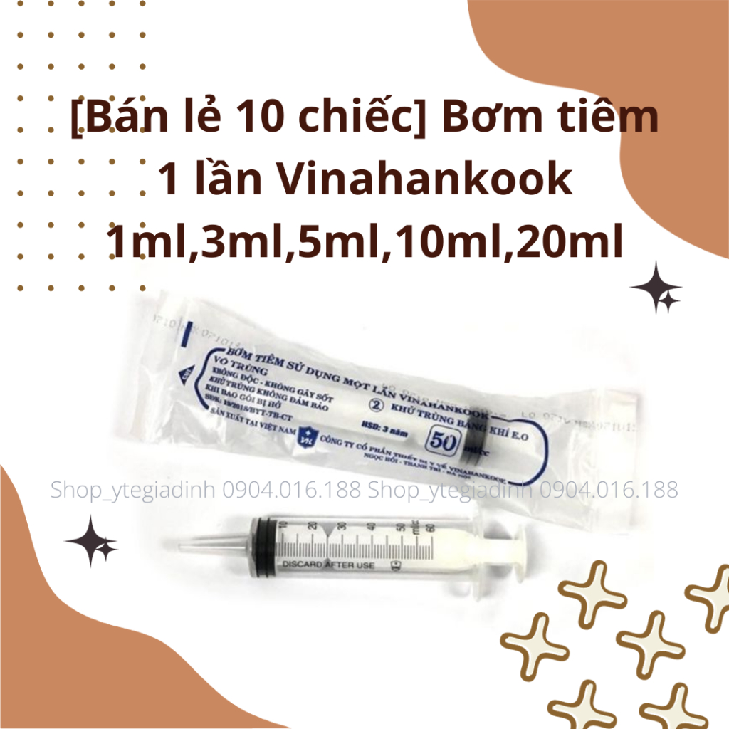 [Bán lẻ 10 chiếc] Bơm tiêm 1 lần Vinahankook 1,3,5,10,20ml