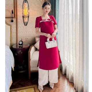 MEDYLA - Áo dài tết cách tân váy bầu đầm bầu dự tiệc tafta đỏ đính hoa cho bầu diện tết - ADD1602