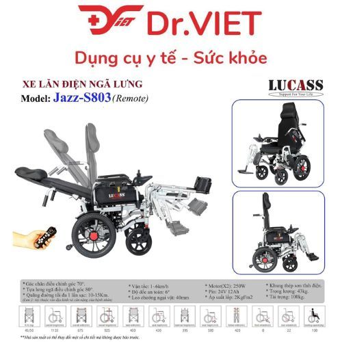 Xe lăn điện thông minh Lucass Jazz-S50 Chính hãng có remote điều khiển tiện lợi, hạn chế các vấn đề về đau cột sống