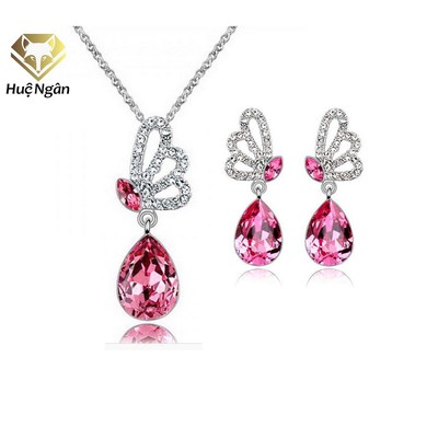 Combo dây chuyền và bông tai bạc Ý 925 Huệ Ngân - Cánh bướm mùa xuân PP1404-RYE140804