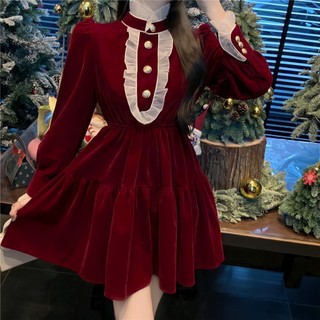 Đầm nhung xòe tay dài phối voan bèo siêu cute
