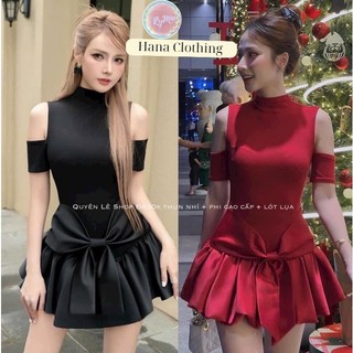 Đầm ôm cổ lọ hở vai đuôi váy xòe nơ to Đầm khoét vai xoè nơ eo dáng ngắn Đồ chụp noel xinh Hana Clothing