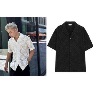 Áo sơ mi tay ngắn phối ren hoa mềm mịn cổ vest unisex nam nữ