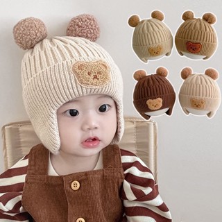  Mũ len hình gấu hoạt hình cho bé mũ len dễ thương pompom ấm áp cho bé trai và bé gái mũ dệt kim bảo vệ tai cho trẻ 