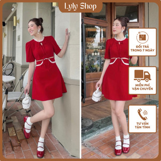 Đầm nhung cổ ren nơ hở eo viền ren trắng h68