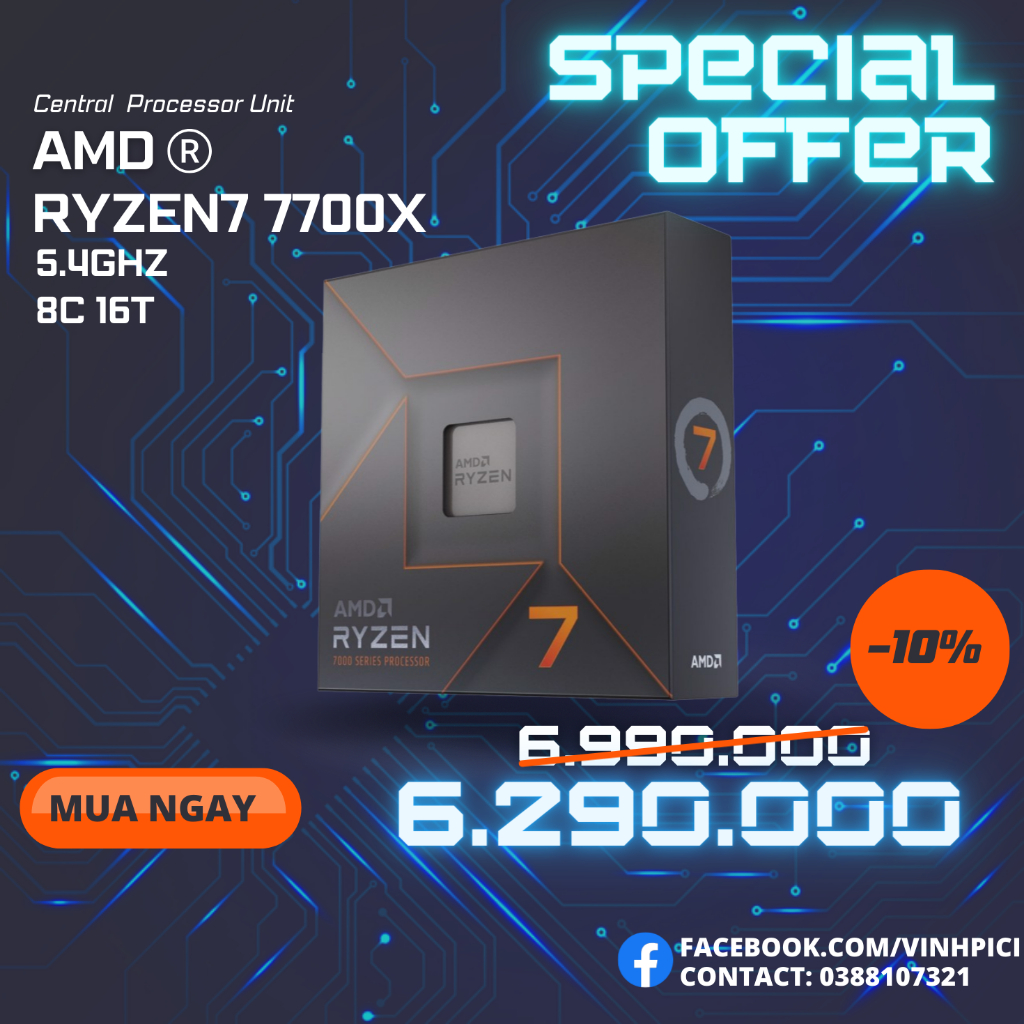 CPU AMD Ryzen 7 7700X ( 4.5GHz Boost 5.4GHz / 8 nhân 16 luồng / 40MB / AM5) [USED/NEW]