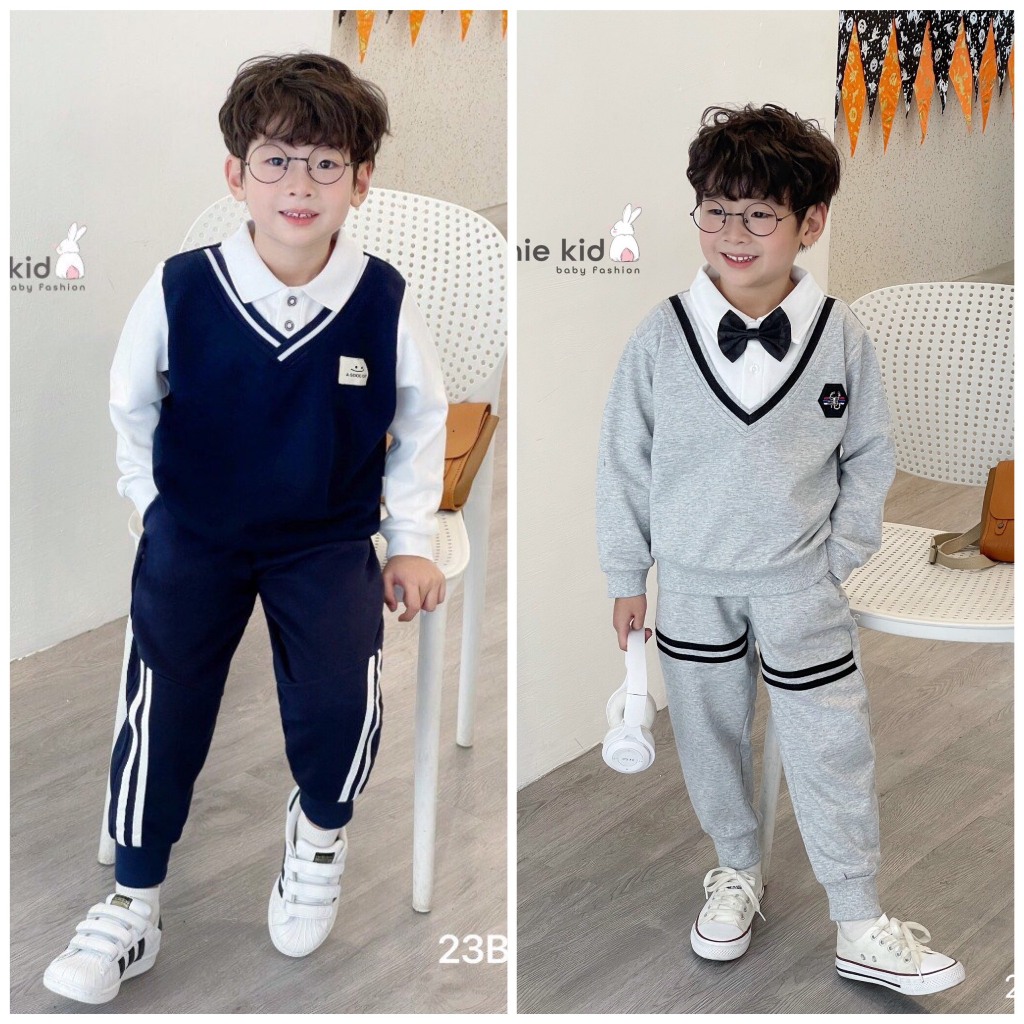 Bộ quần áo cotton polo trẻ em phối cổ giả gile BONNIE