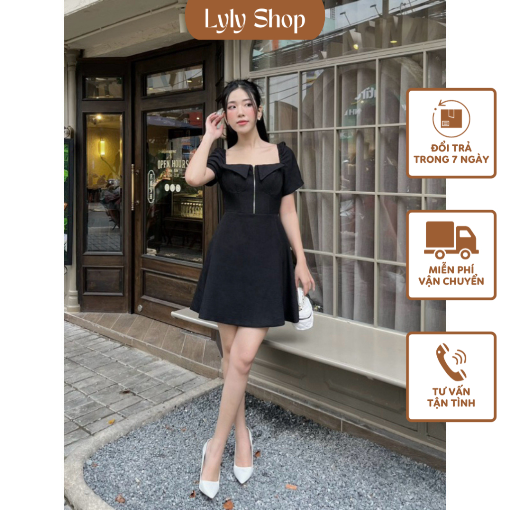 Đầm xoè tay phồng khoá kéo cách điệu H61 có Bigsize