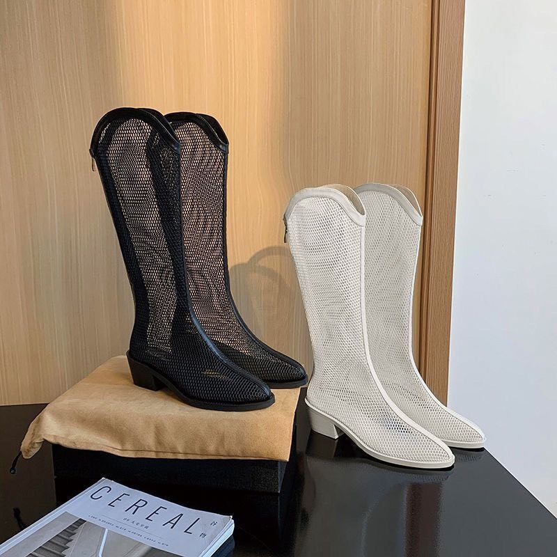Boots lưới dáng cổ cao gót vuông 5cm