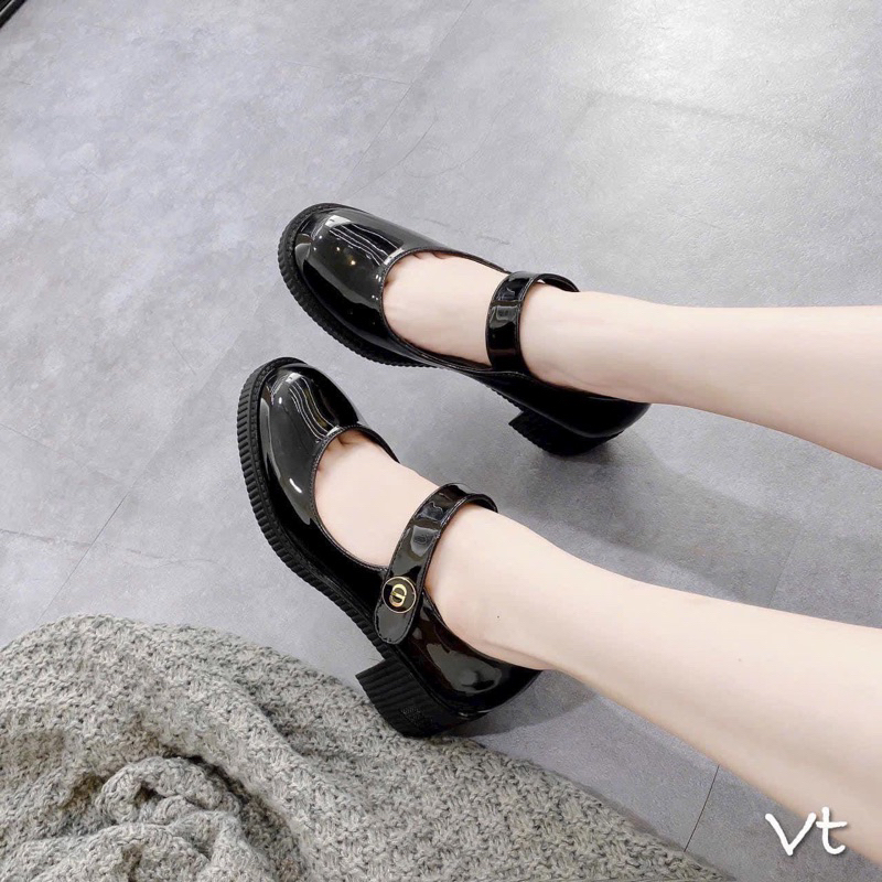 Giày búp bê quai ngang mũi tròn da bóng gót 5cm