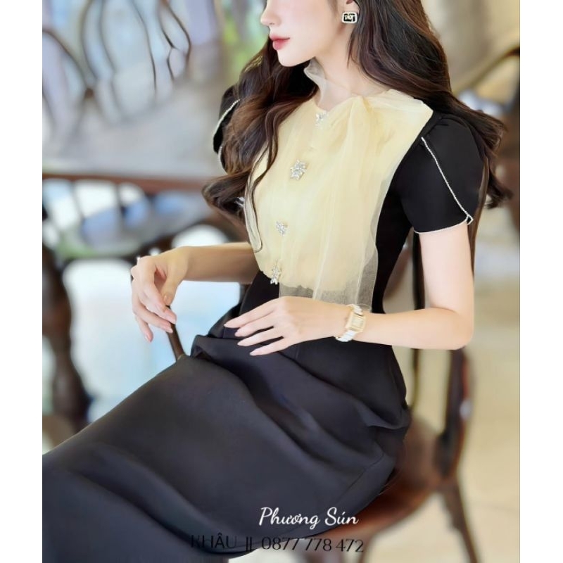 Váy đen tay lá sen viền đá phối lướiSml xl 💯HÀNG THIẾT KẾ TẾT 2024 💖