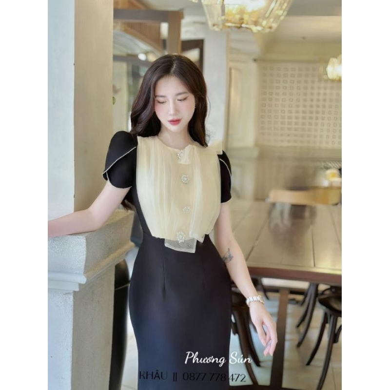 Váy đen tay lá sen viền đá phối lướiSml xl 💯HÀNG THIẾT KẾ TẾT 2024 💖