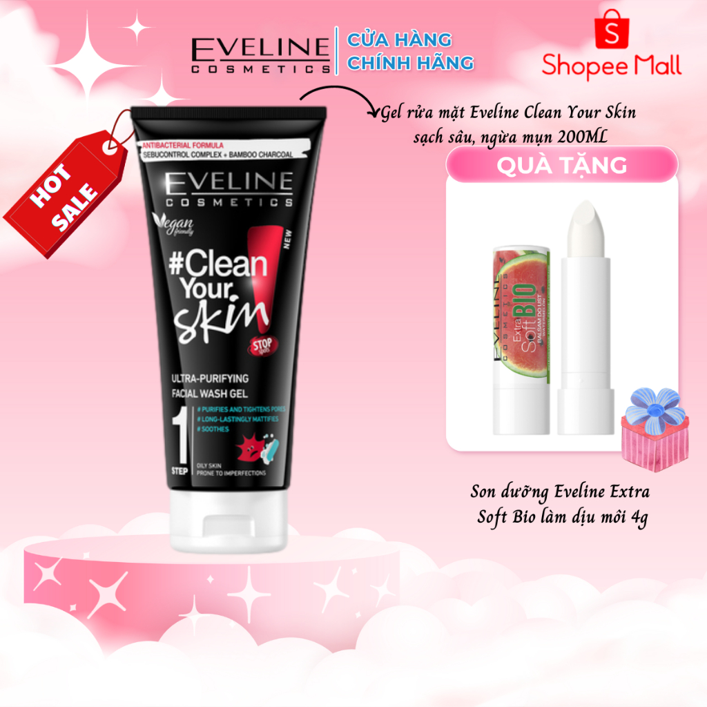 [TẶNG son dưỡng Eveline] Gel rửa mặt sạch mụn kiềm dầu Eveline Clean Your Skin 200ml