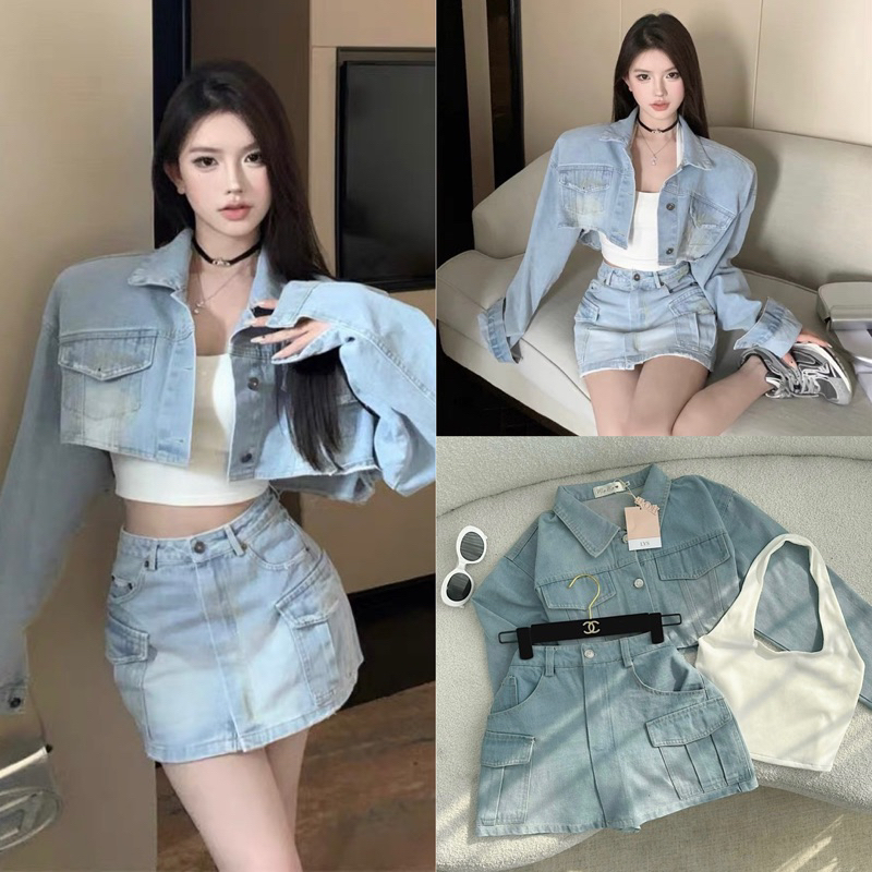 SET 3 MÓN: SƠ MI KẺ SỌC XANH + THUN CROP 2S TRẮNG + SHORT