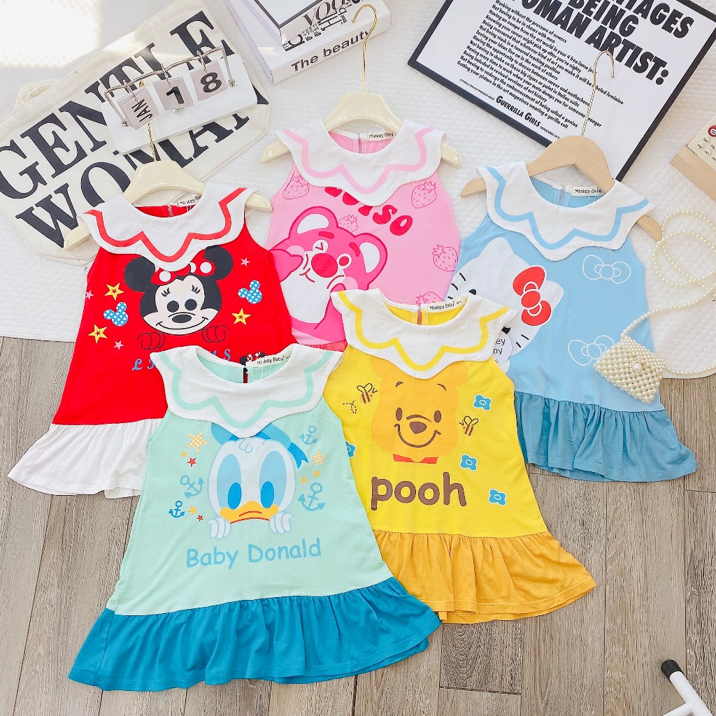 Váy/Đầm Sát Nách Cổ Sen In Hình Thun Lạnh Mềm Mịn Mát Cho Bé Gái Từ 10-26kg