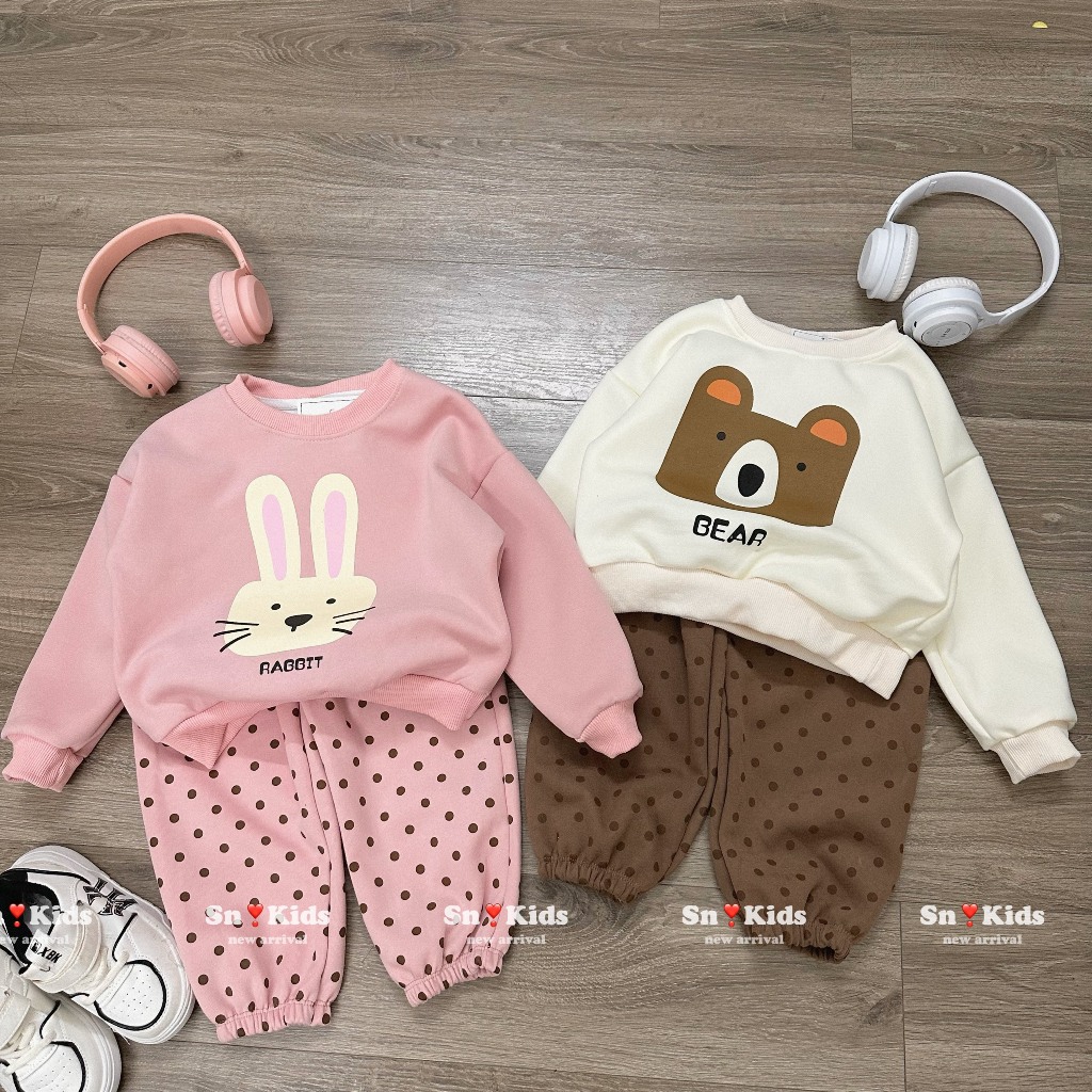 SIZE ĐẠI 8-28KG: bộ nỉ bé gái dài tay gấu, thỏ, gấu dâu ấm áp, đáng yêu - BNGD