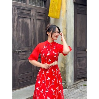 SÉT ÁO DÀI HOA THÊU PHỐI NƠ- Hình shop chụp thật