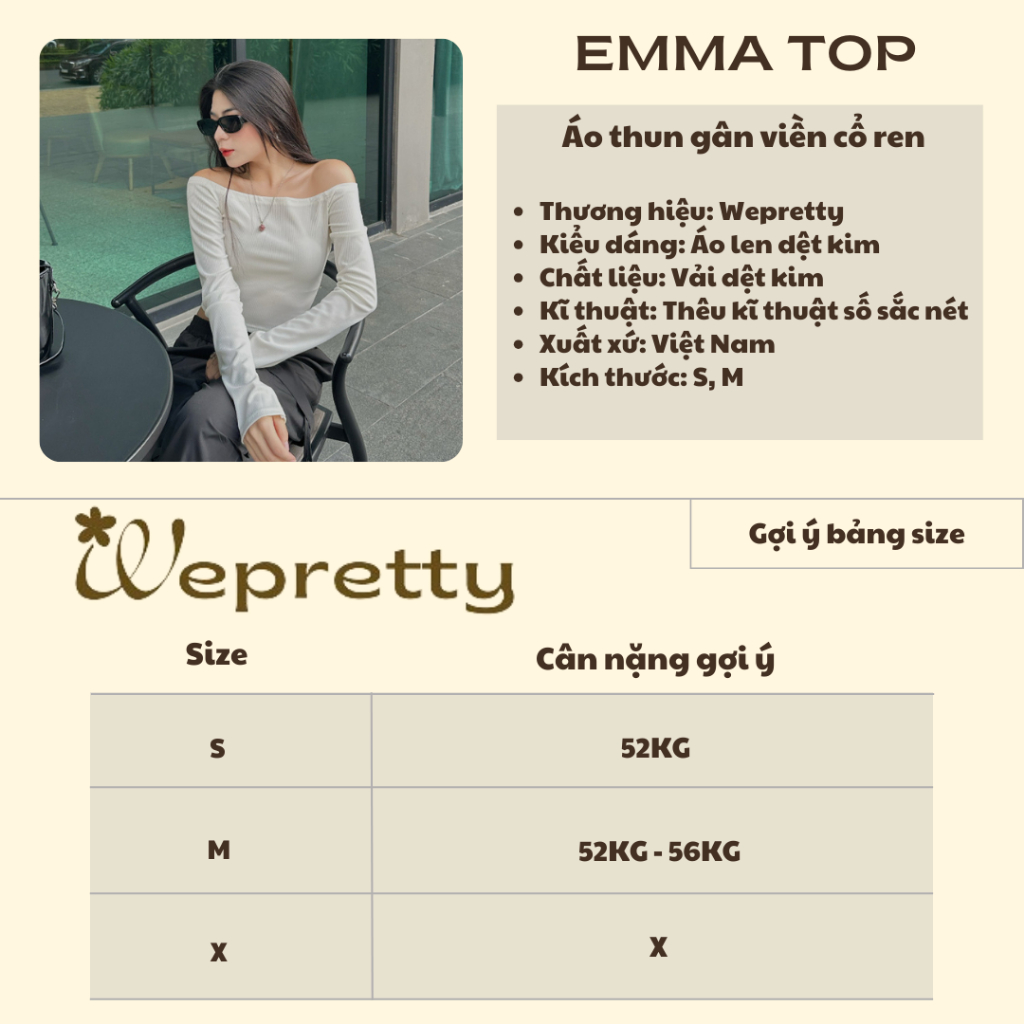 Áo thun gân viền cổ ren - Emma Top Wepretty chất vải co dãn phù hợp với mùa thu