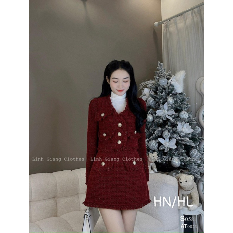 Set Dạ Tweed Đỏ Tua Rua Hàng Thiế Kế Cao Cấp