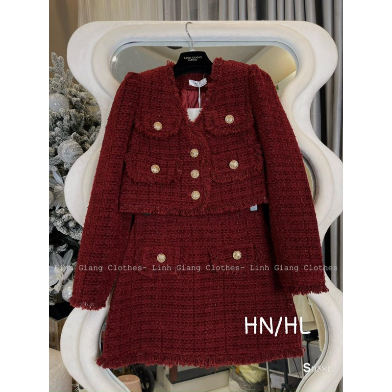Set Dạ Tweed Đỏ Tua Rua Hàng Thiế Kế Cao Cấp