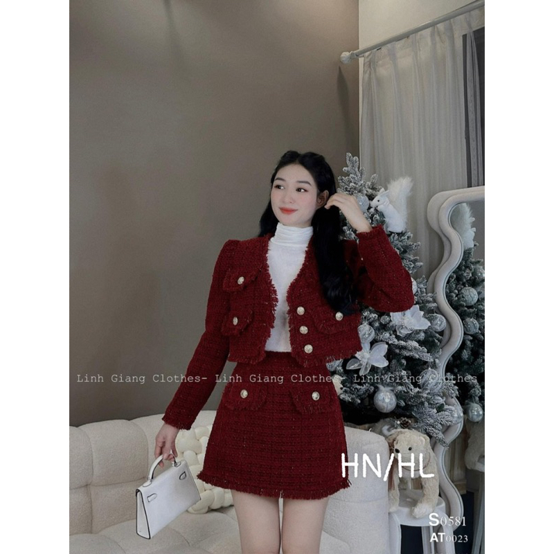 Set Dạ Tweed Đỏ Tua Rua Hàng Thiế Kế Cao Cấp