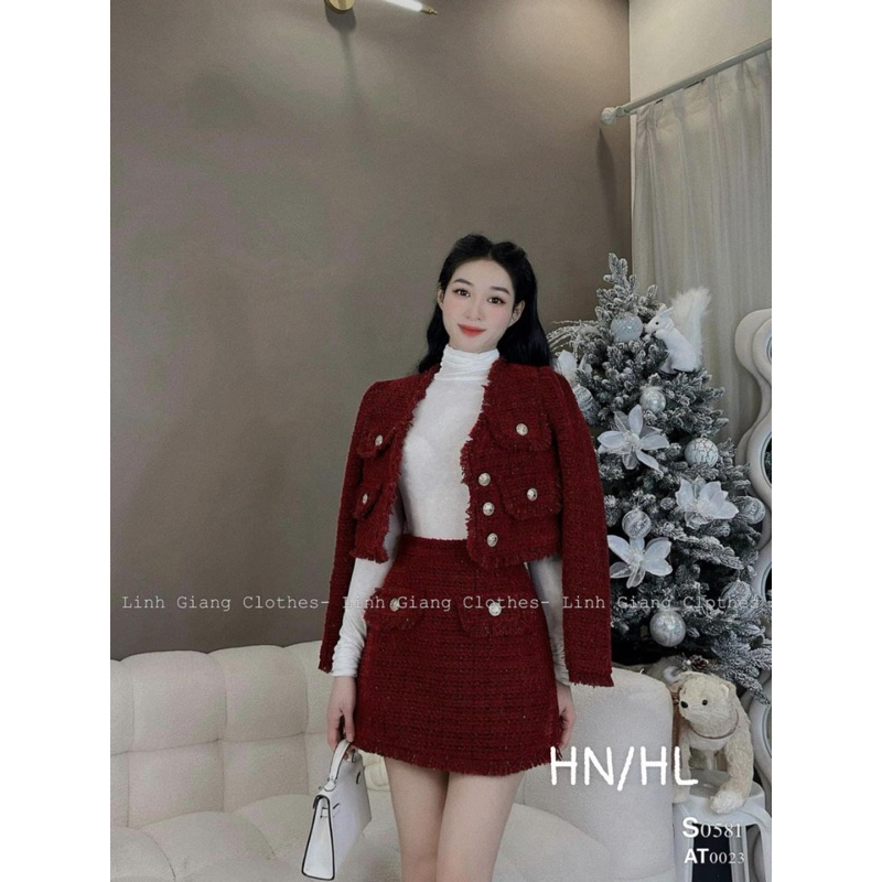 Set Dạ Tweed Đỏ Tua Rua Hàng Thiế Kế Cao Cấp