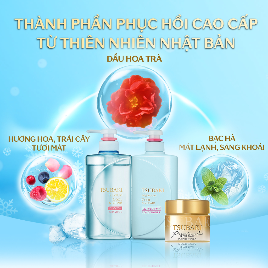 Bộ đôi gội xả Sạch Dầu Mát Lạnh Tsubaki Premium Cool Set xanh dương 490ml/ chai