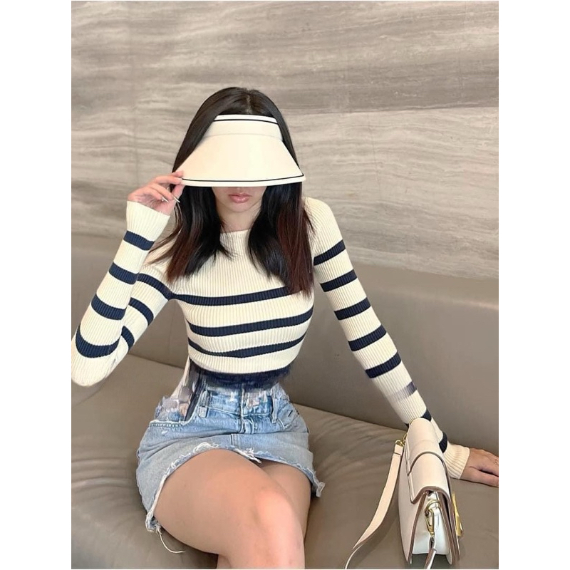 Áo len tăm dài tay cổ thuyền Zra xuất dư kẻ kem trắng phom ôm basic dễ phối trẻ trung đi làm đi chơi đi học