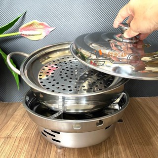 (2in1) Bộ Bếp Cồn INOX Cherry/ Nồi Lẩu + VĨ HẤP- INOX dày. Combo bộ bếp cồn nồi lẩu, dê hấp tía tô, cá hấp . Nhiều size