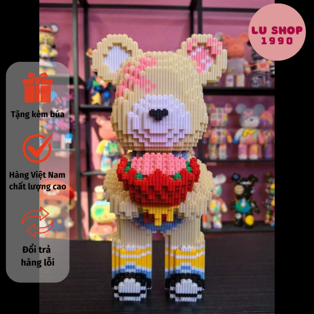 Mô hình đồ chơi lắp ráp Gấu Bearbrick Nâu Ôm Hoa cỡ lớn 45cm đồ chơi thông minh 3D-Lushop