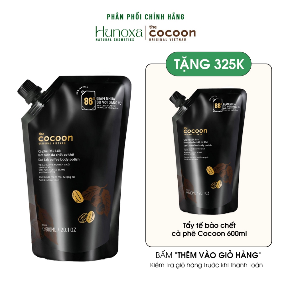 Tẩy tế bào chết body Cocoon BIGSIZE, túi refill tẩy da chết cơ thể cà phê Đắk Lắk - HUNOXA