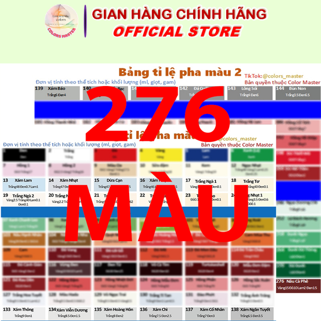 Bảng tỉ lệ pha 276 màu, hướng dẫn công thức pha màu, dùng trong điều chế màu các loại sơn, màu vẽ, phục chế, acrylic