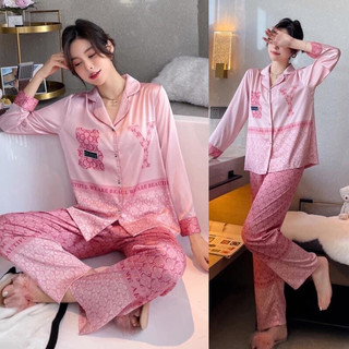 ❤️hàng qc❤️pijamas tay dài qd hồng gấu leisure_thanhhien997_lụa satin cao cấp, form rộng a457043.