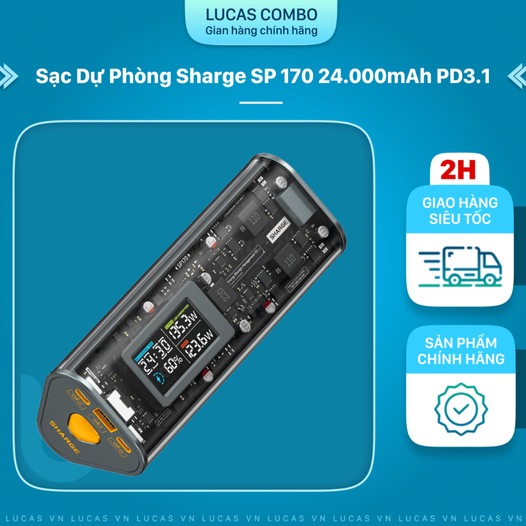 Sạc Dự Phòng Sharge SP170 Trong Suốt Sạc Nhanh PD3.1 140W, Dung Lượng 24.000mAh, Kháng Nước IP4, Công Suất Tổng 170W