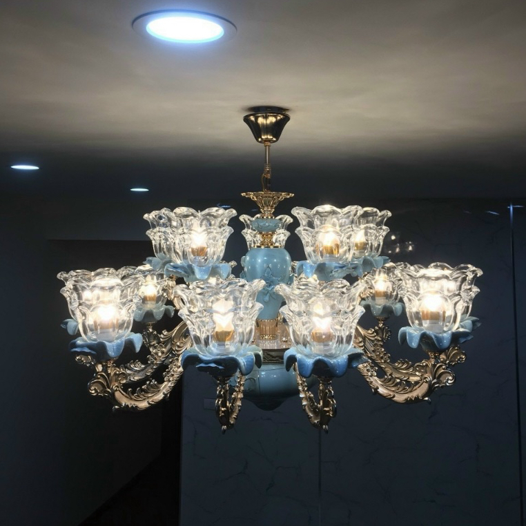 Đèn chùm 15 tay chao thuỷ tinh dây đèn chỉnh được cao thấp tùy ý phù hợp trang trí phòng khách, sảnh khách sạn