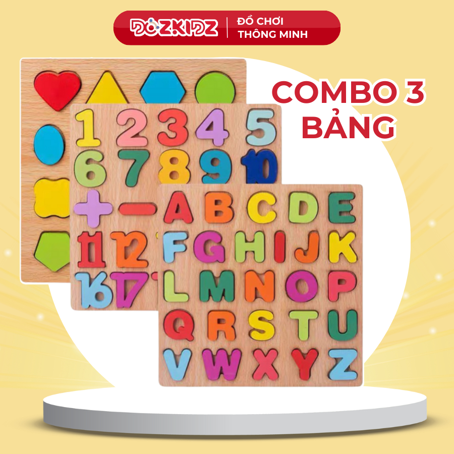 Đồ chơi gỗ bộ 3 bảng chữ số hình vừa học vừa chơi, phát triển tư duy, trí tuệ cho bé trừ 1 đến 5 tuổi - DOZKIDZ