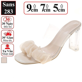 Dép guốc nữ 9cm 7cm 5cm Sans283 quai trong bánh bèo gót mũi vuông pha lê cao 9p 7p 5p tăng 9 phân 7 phân 5 phân trắng be