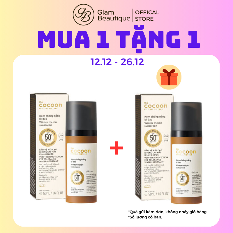 [Tặng quà đến 26/12] Kem chống nắng Cocoon bí đao Quang Phổ Rộng 50ml SPF 50+ Glam Beautique