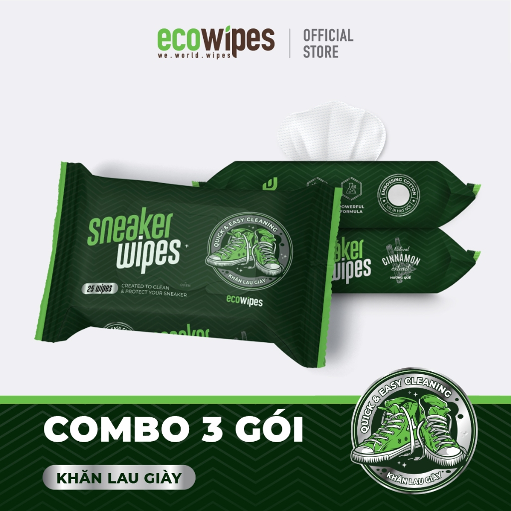 Combo 03 khăn lau giày thể thao vệ sinh nhanh Sneaker Wipes gói 25 tờ siêu sạch