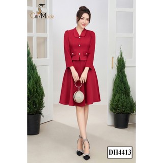 Đầm công sở CITI MODE FASHION thiết kế dáng xoè đỏ cổ sen giả set DH4413
